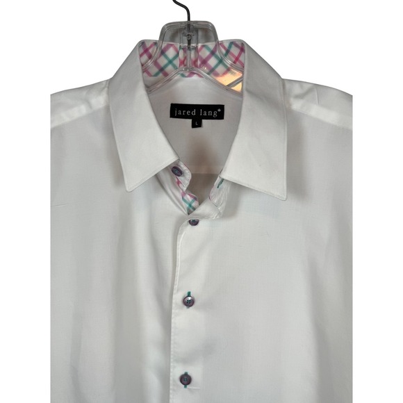 Jared Lang Men's Short Sleeve, Fitted, Pink Plaid Accent Cuff Sleeves, Size L - Picture 7 of 9